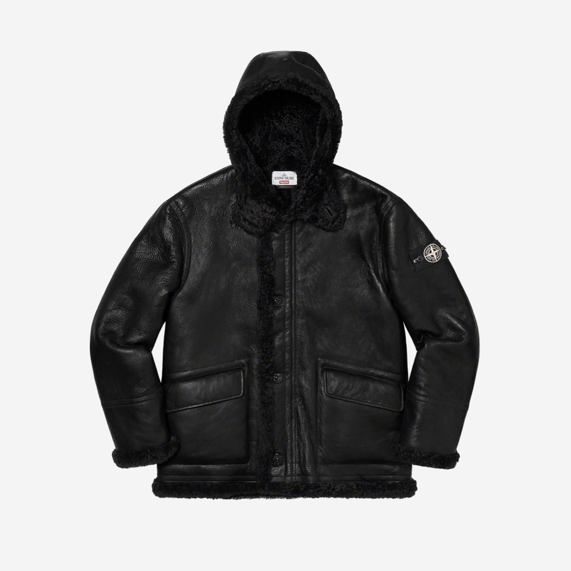 Supreme x Stone Island Hand-Painted Hooded Shearling Jacket Black
